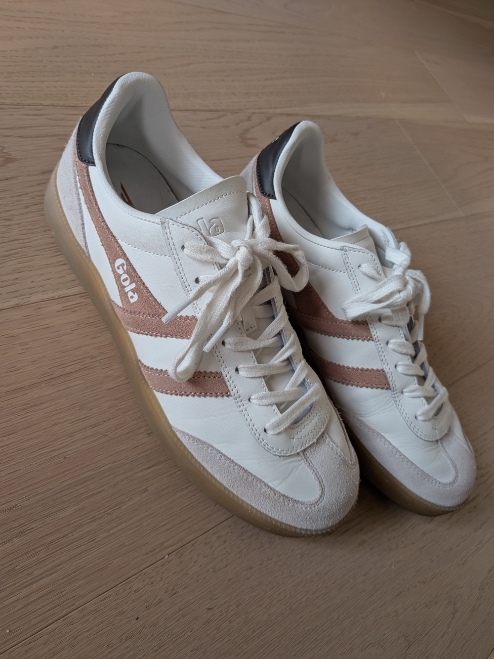 Gola White Sneakers with Blush Pink Stripes and Gum Sole
